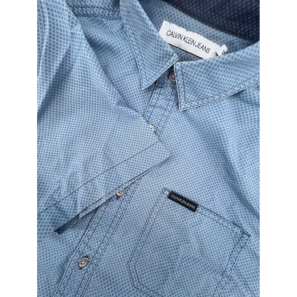 Calvin Klein Jeans Mens Blue Geometric Print Short Sleeve Button Down Shirt M